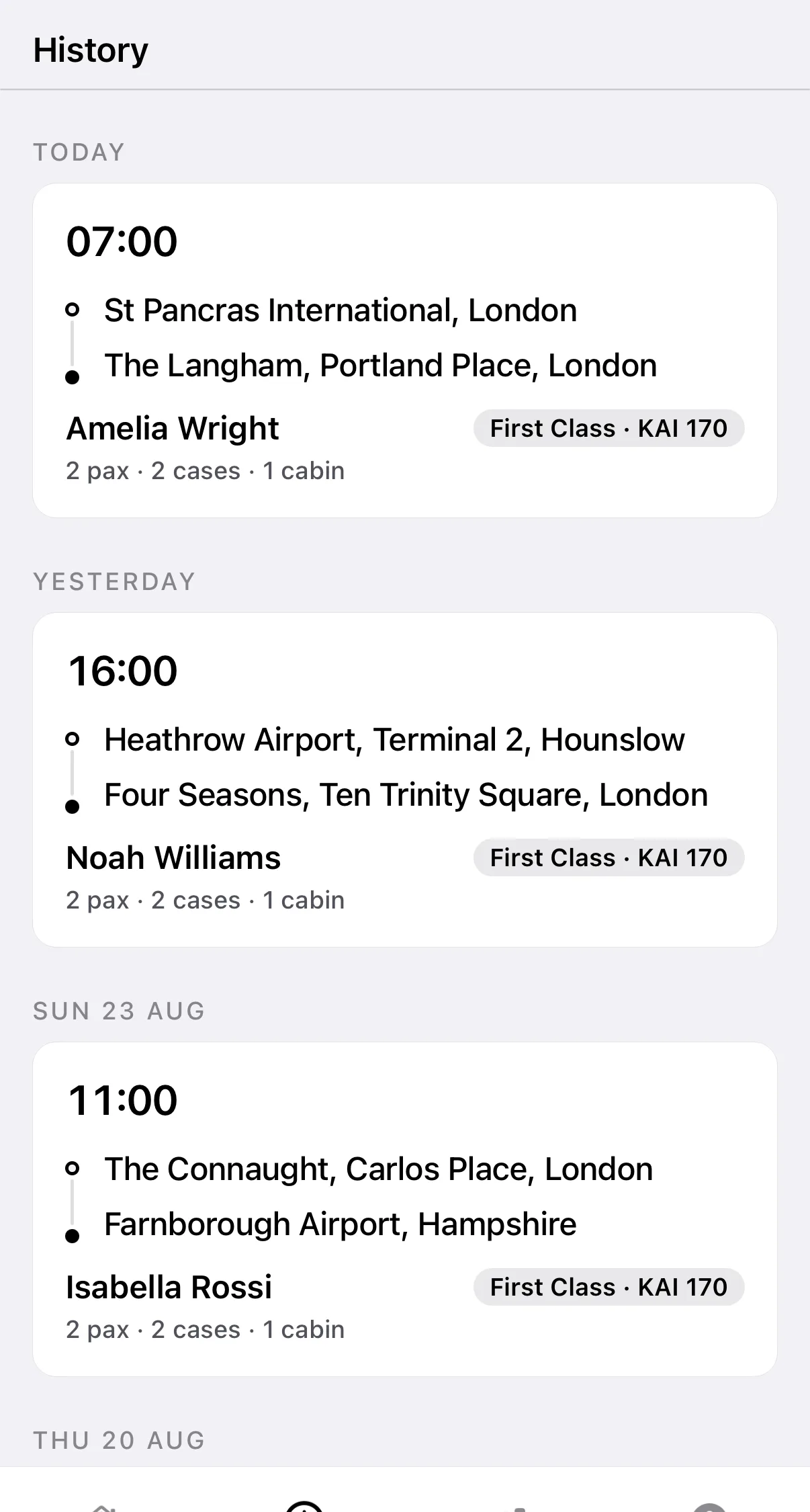 Completed rail, hotel, airport and private aviation journeys in Kairo Driver App history