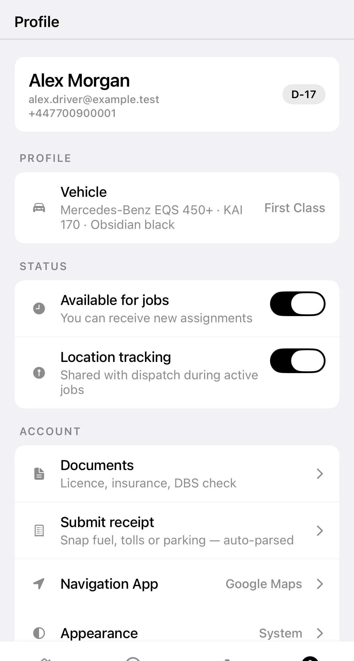Kairo Driver profile with vehicle, availability, location, documents and receipt tools