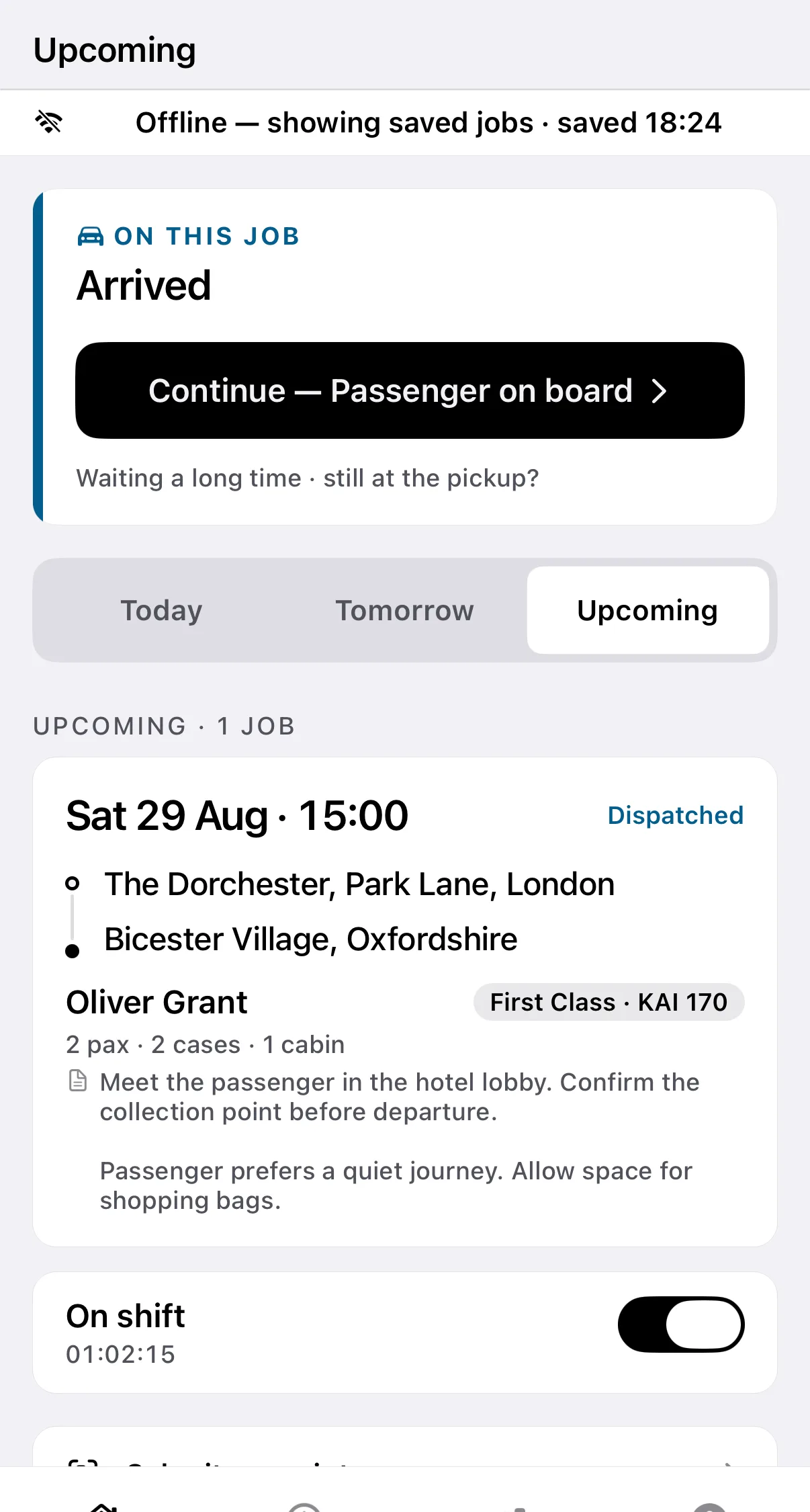 Kairo Driver App showing an upcoming hotel-to-retail chauffeur journey