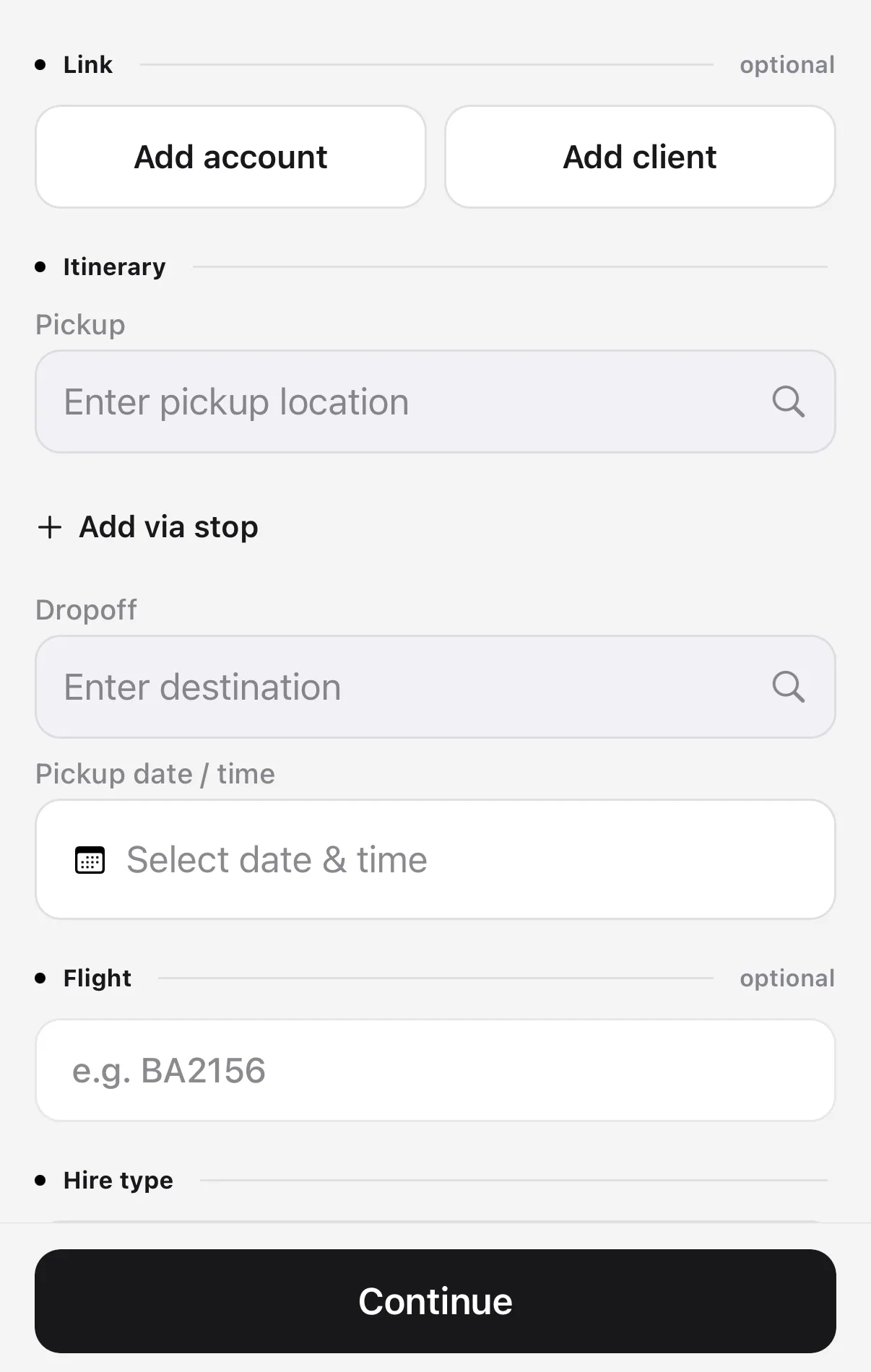Journey, flight and hire-type fields in the Kairo Operator App booking flow