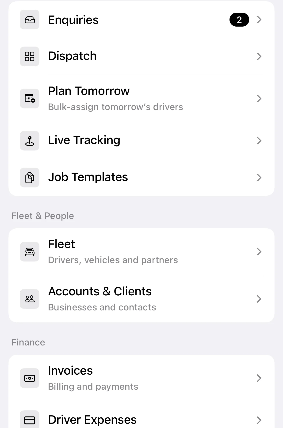 Kairo Operator on iPhone with enquiries, dispatch, tomorrow planning, live tracking, fleet, clients and billing tools