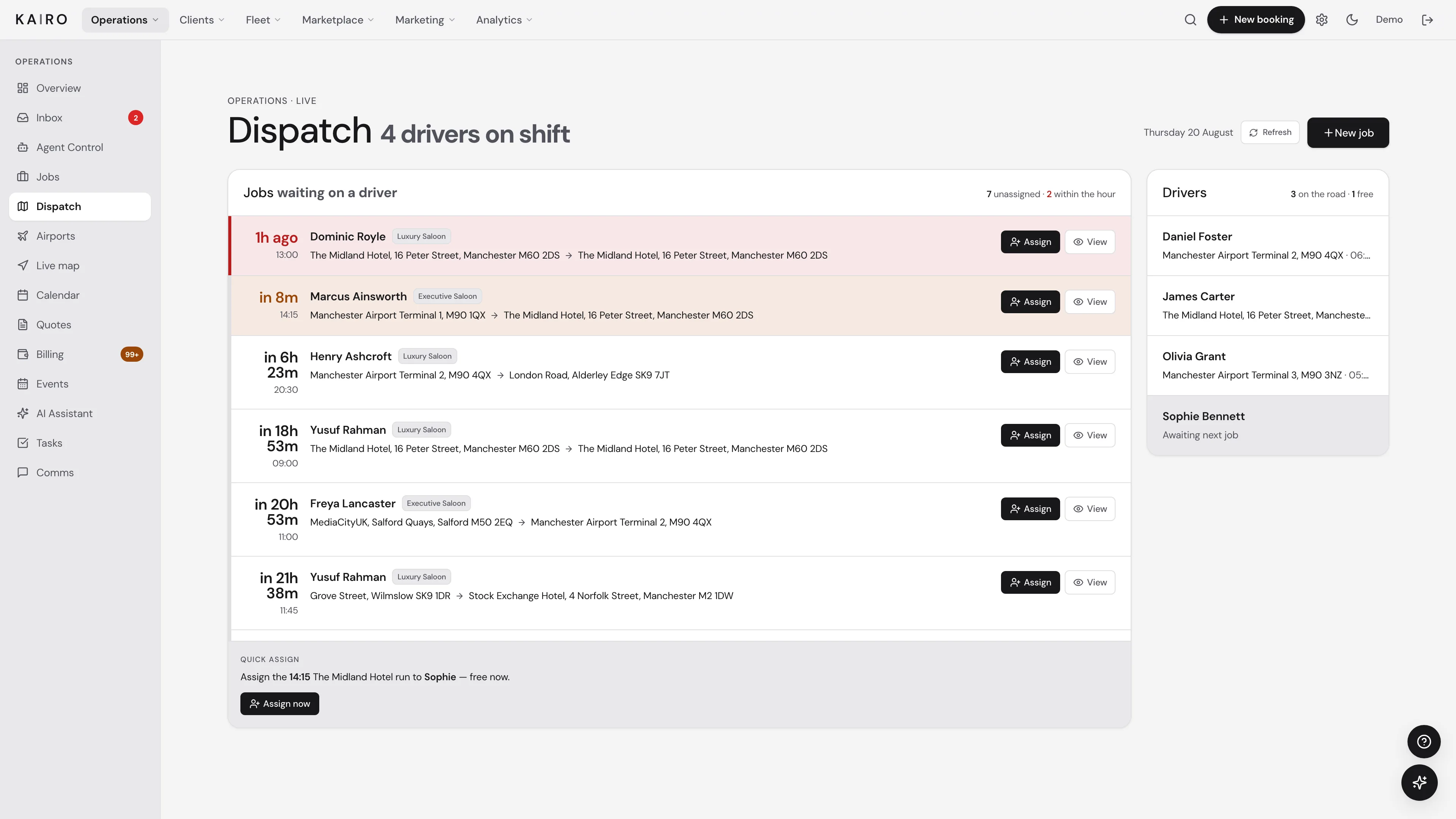 Kairo chauffeur dispatch board receiving live journey status from the Driver App