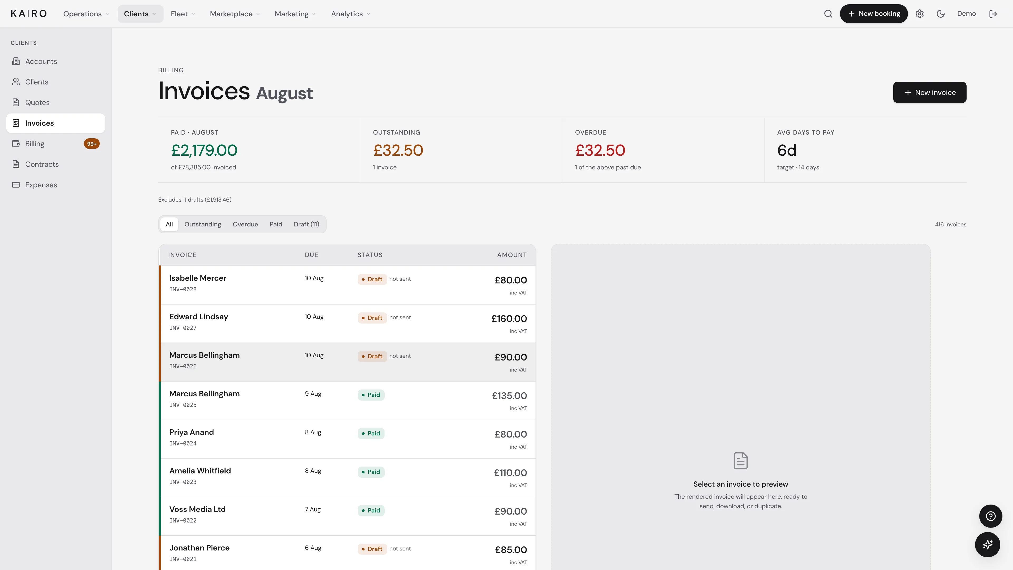 Kairo invoice workspace showing paid, outstanding and overdue work with a branded invoice preview