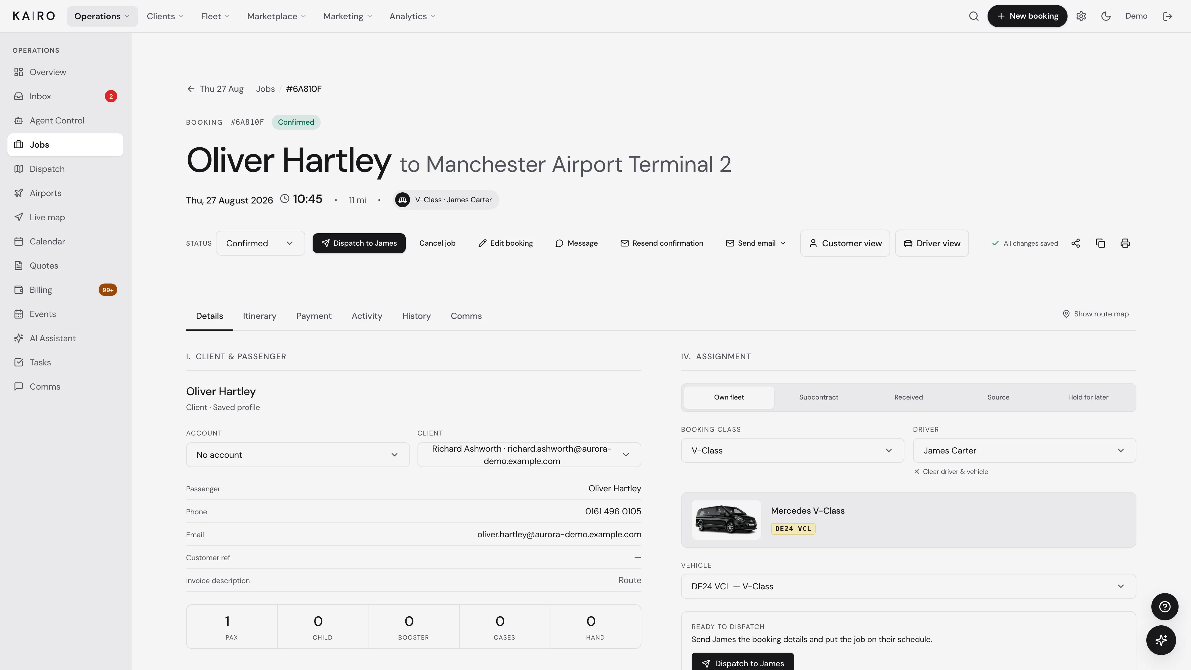Kairo job record for an airport transfer, with status, driver and vehicle assignment, the customer view and the driver view on one screen