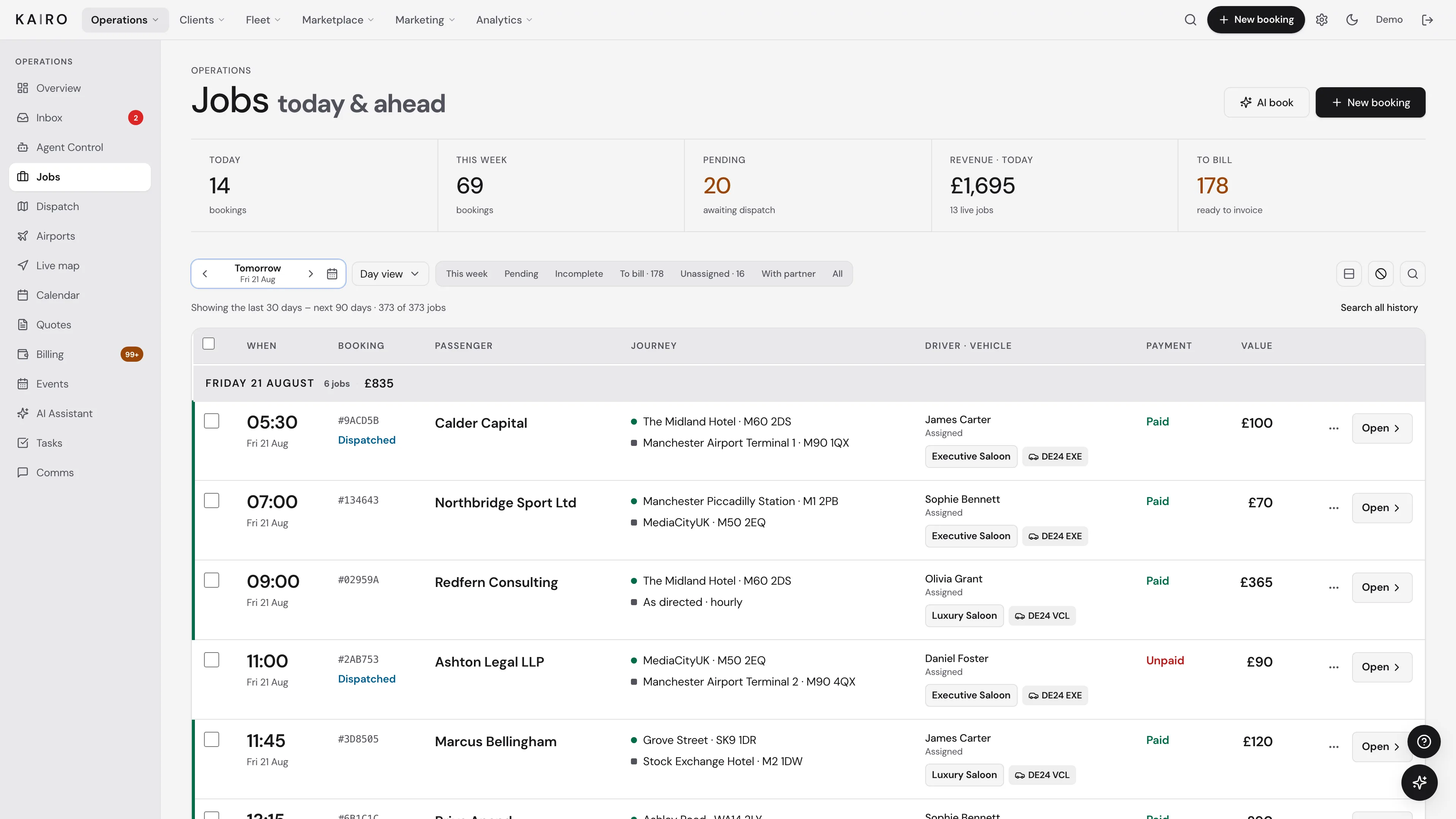 Kairo jobs workspace listing today's bookings with passenger, journey, driver, payment and value columns