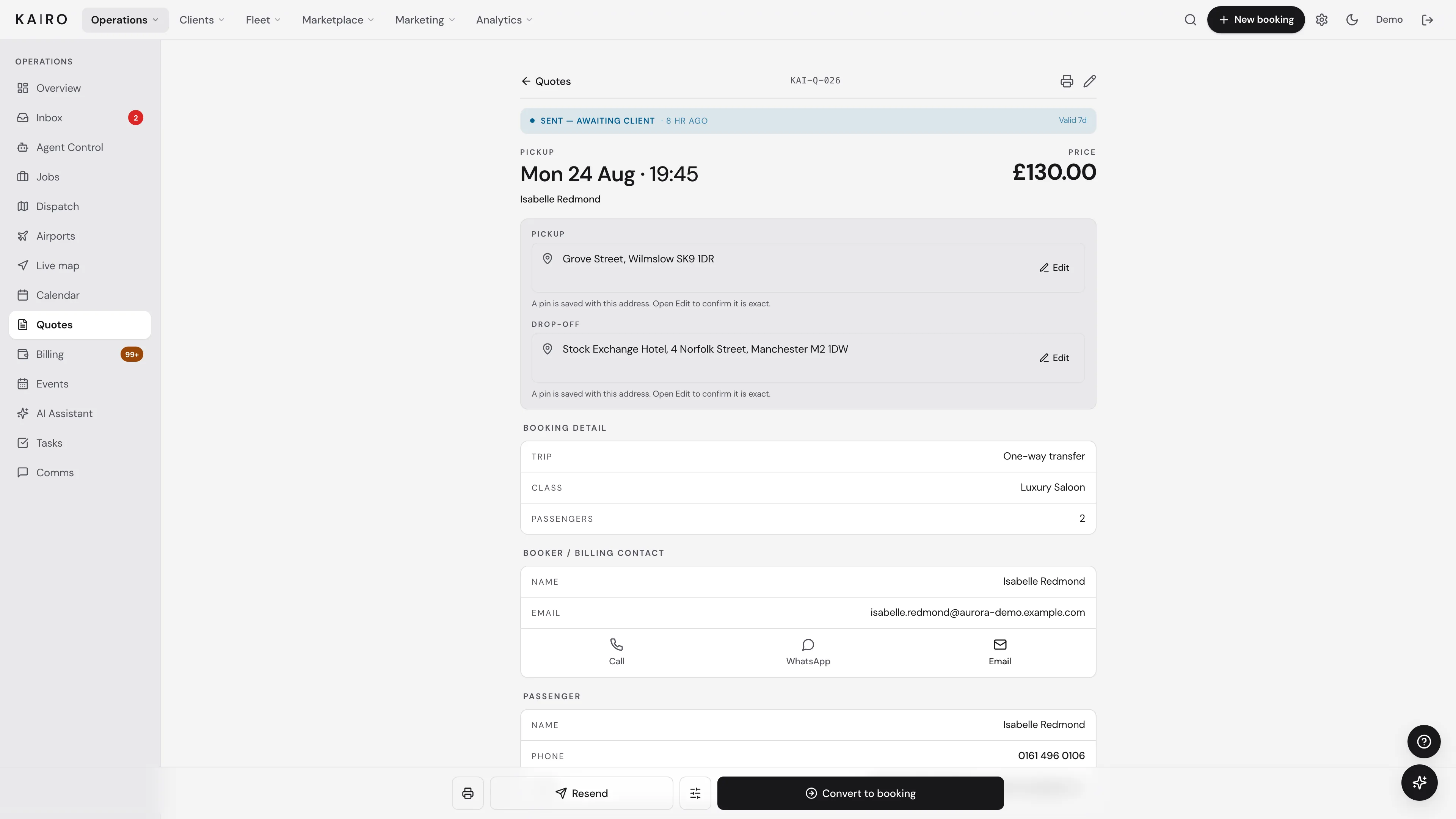 Kairo quote sent to the client with price, pickup, drop-off and a convert to booking action