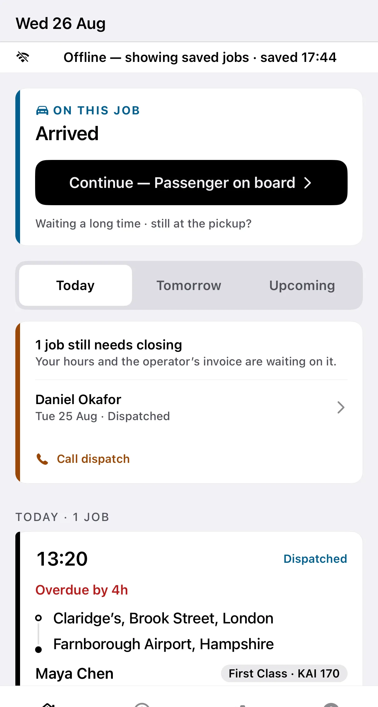 Kairo Driver App showing saved jobs, current work and the driver's daily run